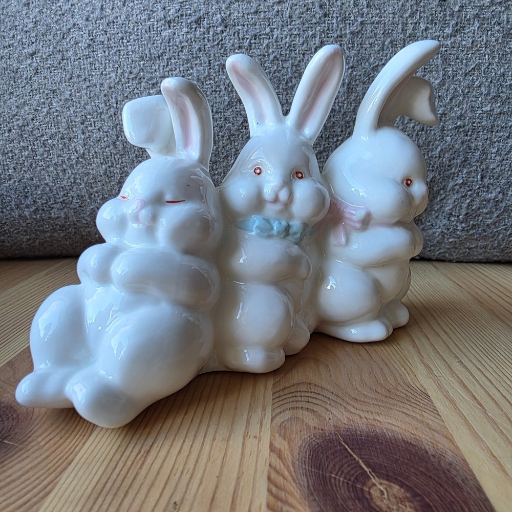 Vintage Ceramic Bunny Figurine Trio White Rabbits Decor Cute Rabbits - Picture 14 of 14